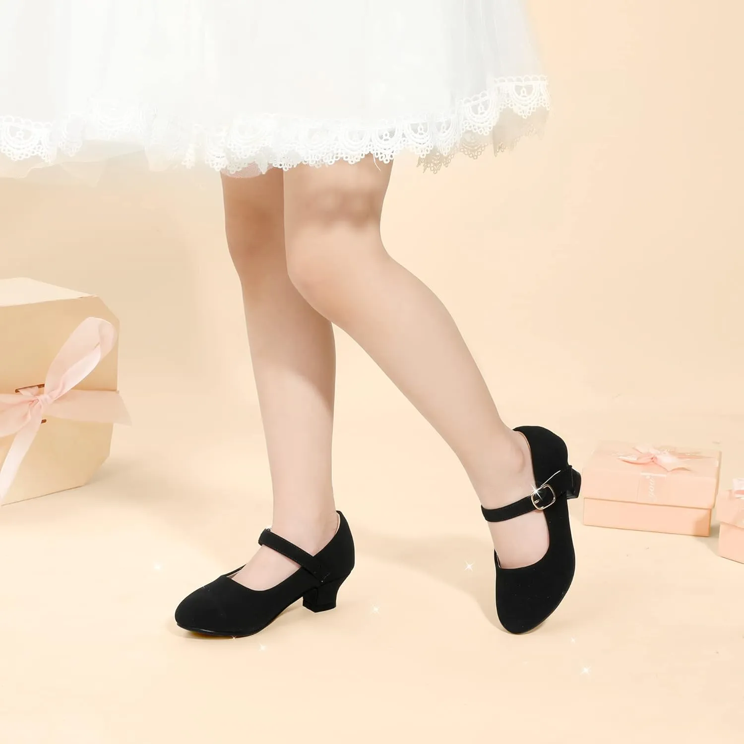PANDANINJIA Molly Girls Dress Shoes Mary Jane Heels Flower Wedding Party Back to School Pump Shoes for Toddler Little Kid