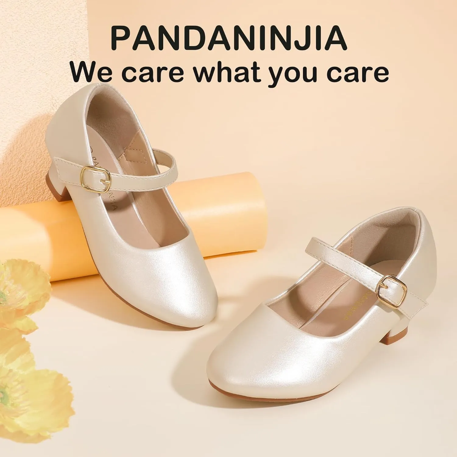 PANDANINJIA Molly Girls Dress Shoes Mary Jane Heels Flower Wedding Party Back to School Pump Shoes for Toddler Little Kid