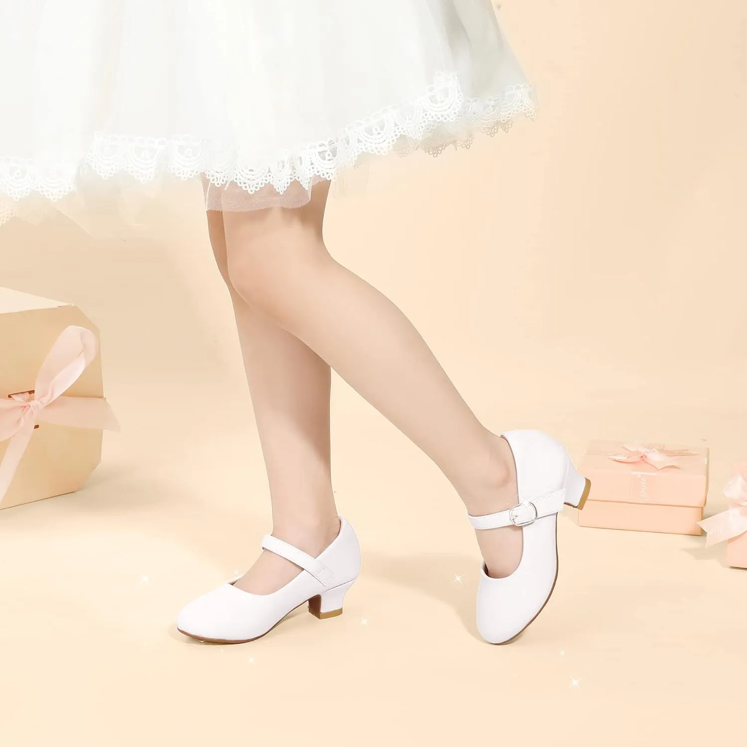 PANDANINJIA Molly Girls Dress Shoes Mary Jane Heels Flower Wedding Party Back to School Pump Shoes for Toddler Little Kid