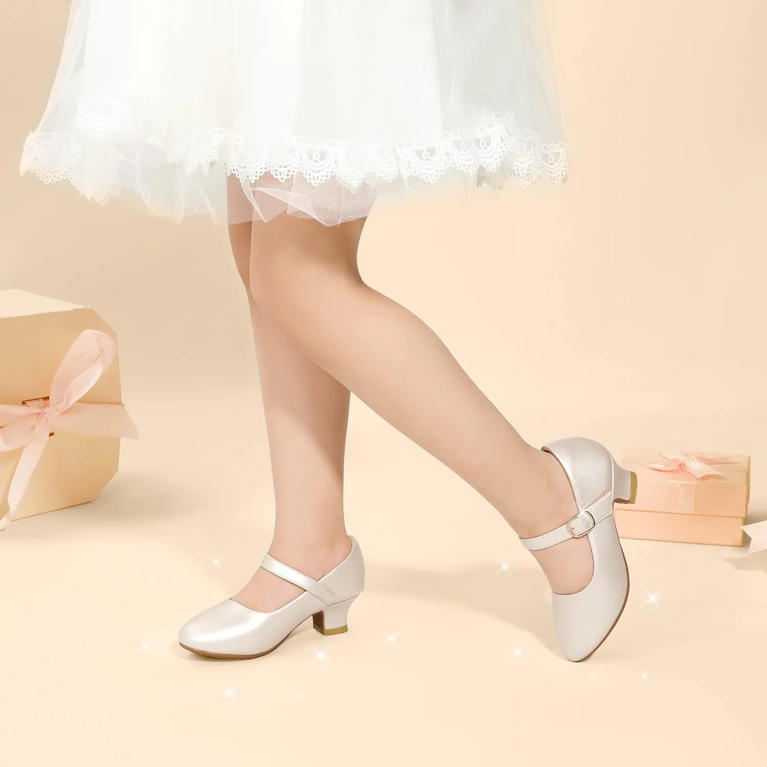 PANDANINJIA Molly Girls Dress Shoes Mary Jane Heels Flower Wedding Party Back to School Pump Shoes for Toddler Little Kid