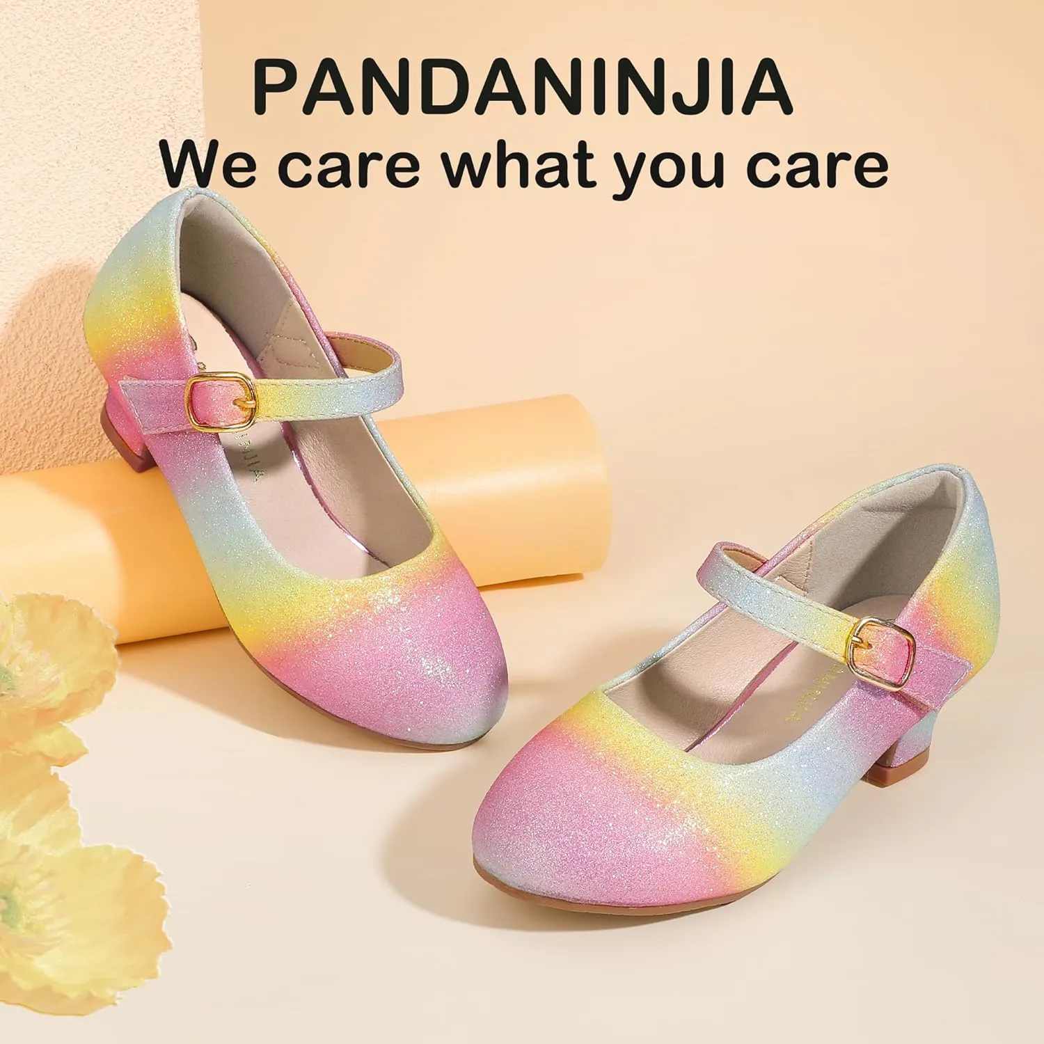 PANDANINJIA Molly Girls Dress Shoes Mary Jane Heels Flower Wedding Party Back to School Pump Shoes for Toddler Little Kid