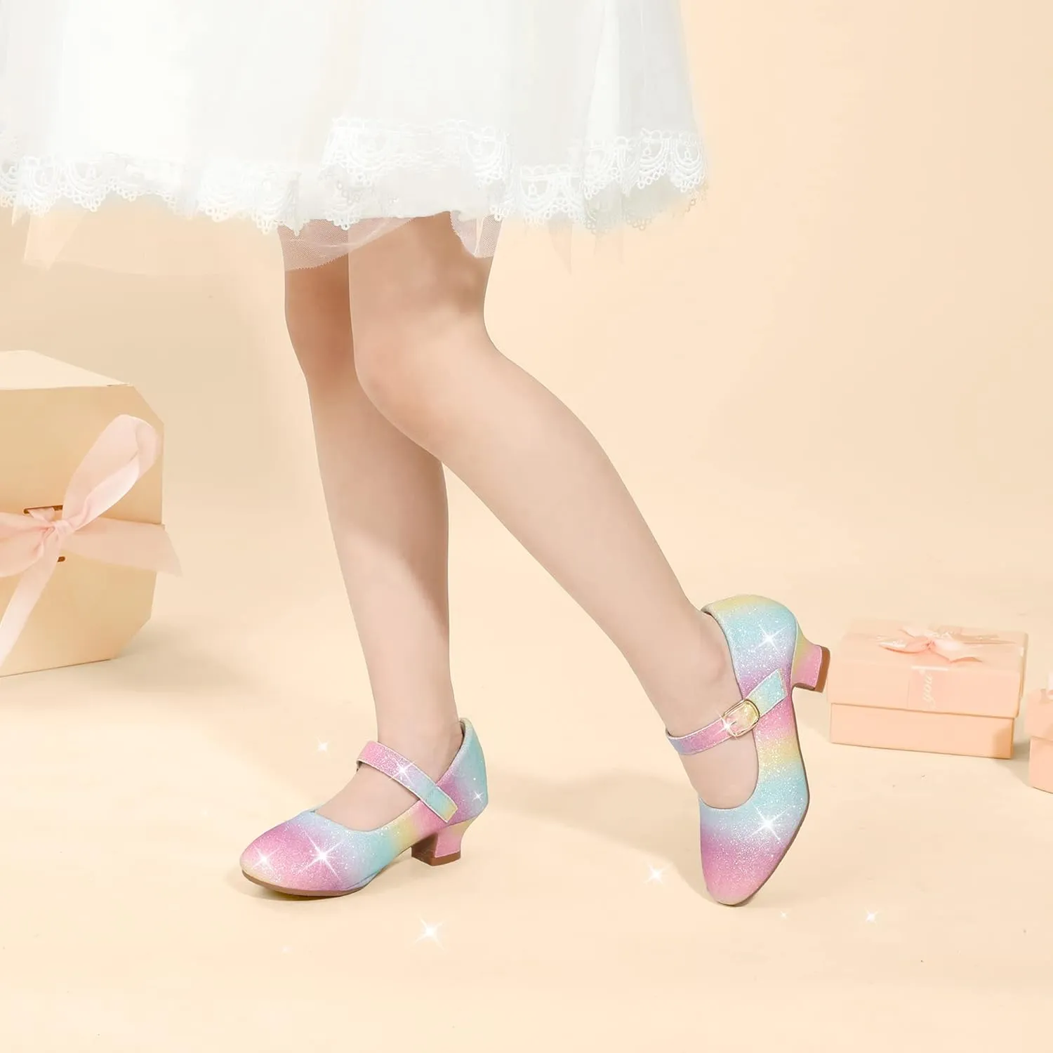 PANDANINJIA Molly Girls Dress Shoes Mary Jane Heels Flower Wedding Party Back to School Pump Shoes for Toddler Little Kid