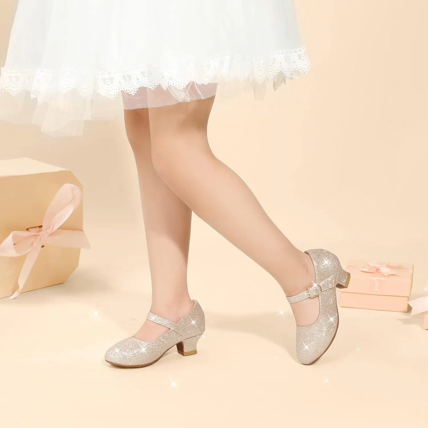 PANDANINJIA Molly Girls Dress Shoes Mary Jane Heels Flower Wedding Party Back to School Pump Shoes for Toddler Little Kid