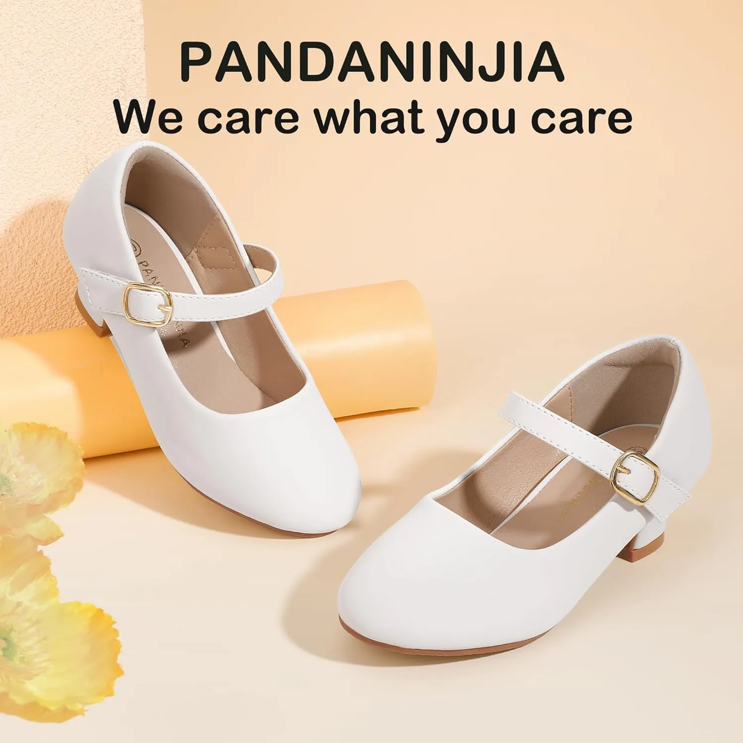 PANDANINJIA Molly Girls Dress Shoes Mary Jane Heels Flower Wedding Party Back to School Pump Shoes for Toddler Little Kid
