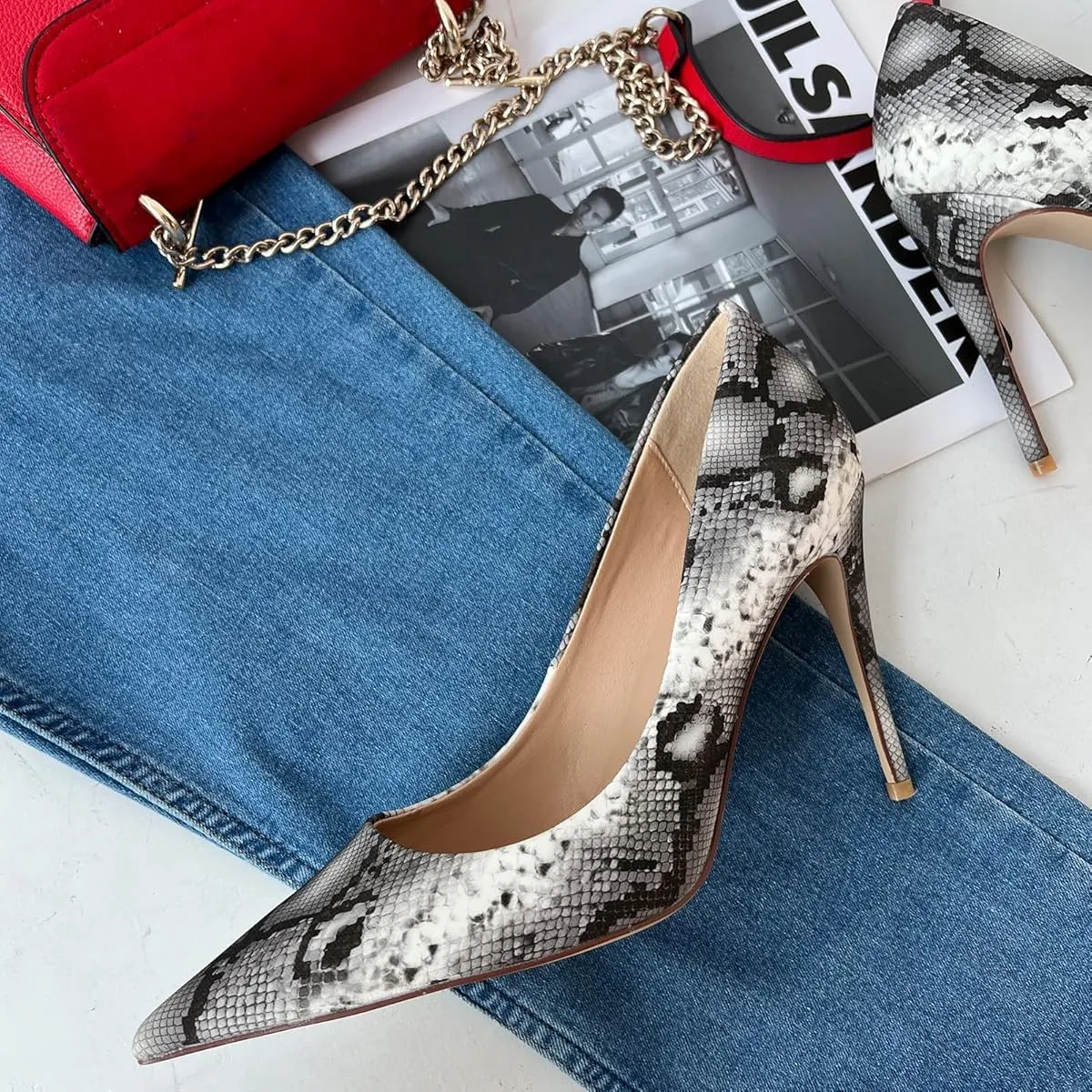 Pazzion Women Classic Closed Pointed Toe Stiletto Heeled Pumps Slip On Snakeskin High Heel Shoes for Party Evening Dress Size 4-16 US