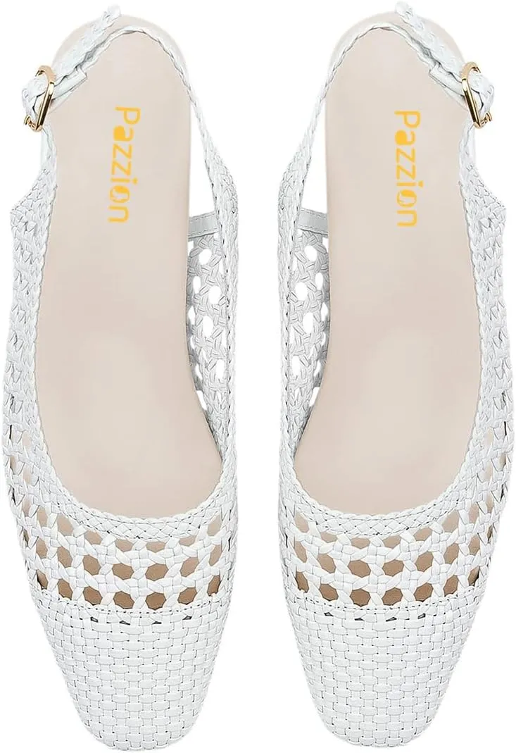 Pazzion Womens Round Closed Toe Braided Pumps Slingback Strap Buckle Low Block Heels Stylish Prom Travel Shoes Size 4-16 US