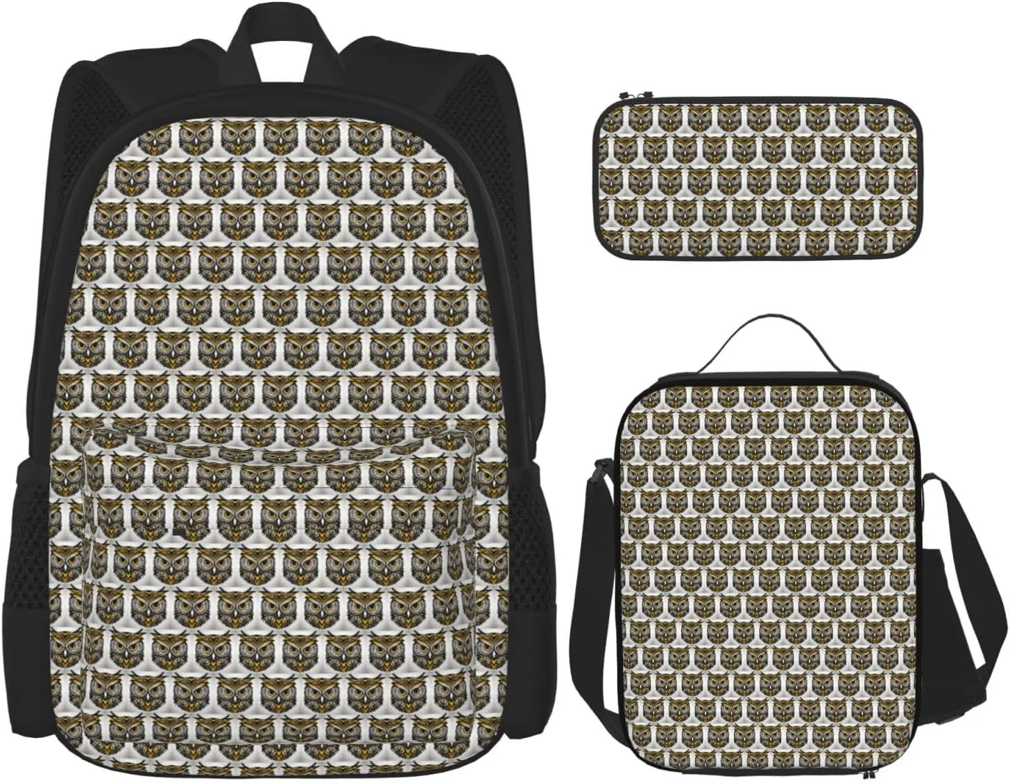 Premium Cute Owl pattern Print 3-in-1 Backpack Set with Lunch Bag & Pencil Case Portable Bag Set
