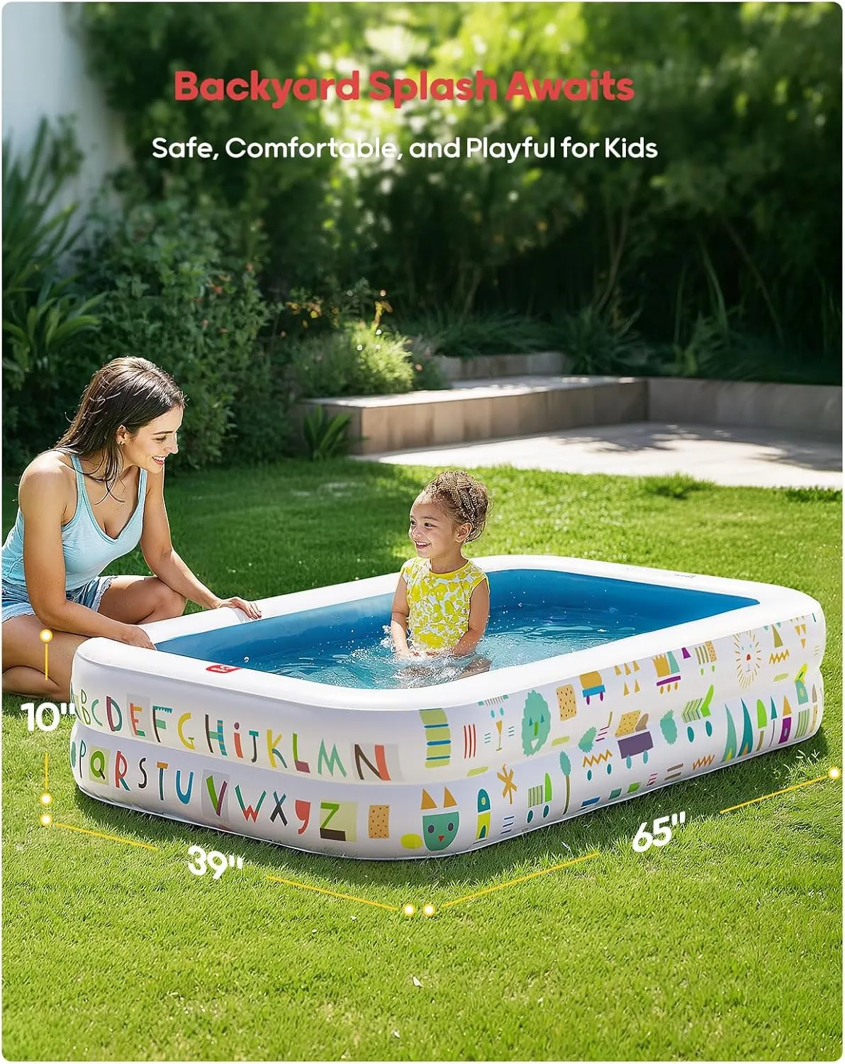 QPAU Kiddie Pool – 65" x 39" Inflatable Pool for Kids & Toddlers, Ball Pit & Baby Pool with Soft Floor, Educational Alphabet & Number, Durable Outdoor Play Toys for Backyard & Indoor Fun (Blue)
