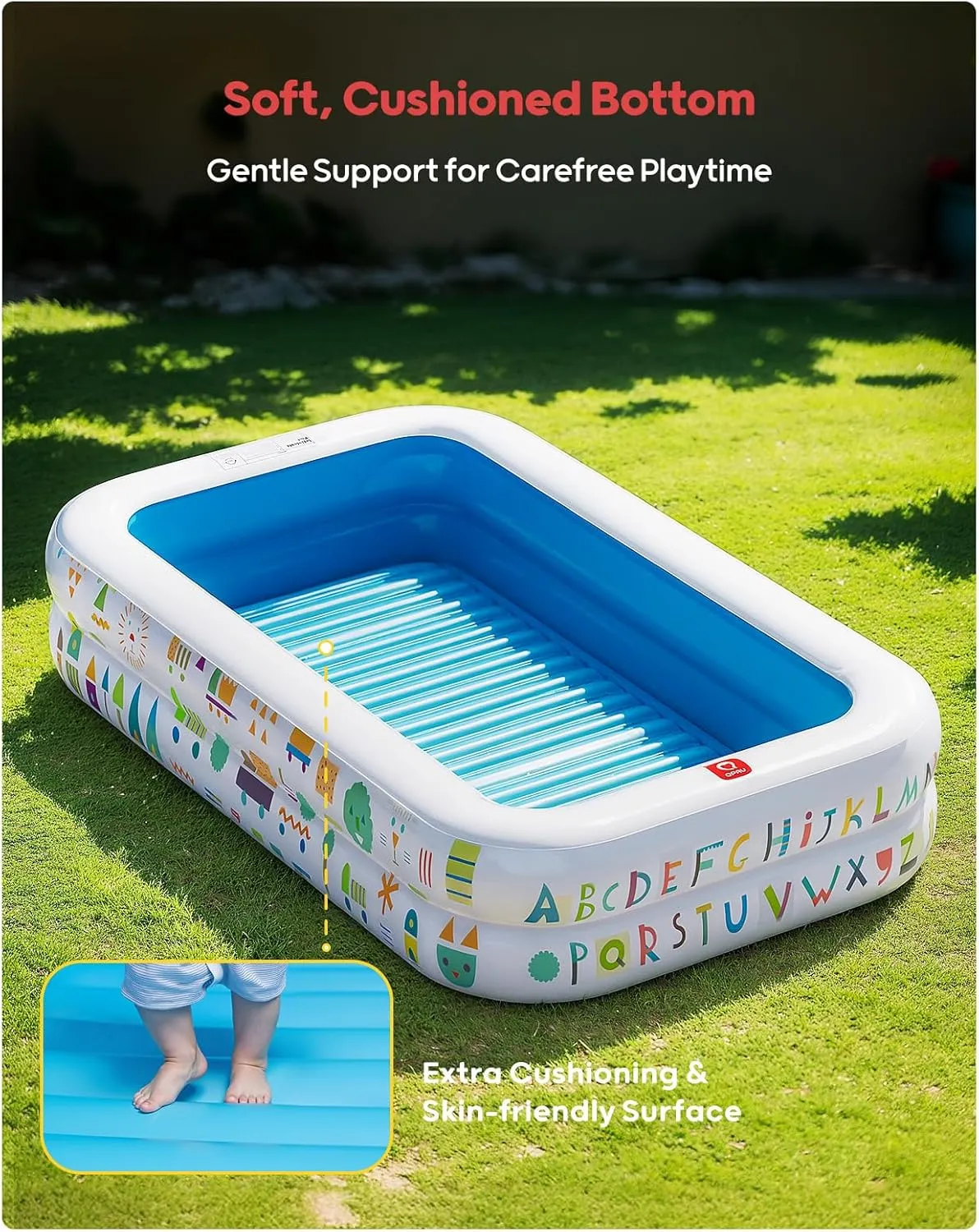 QPAU Kiddie Pool – 65" x 39" Inflatable Pool for Kids & Toddlers, Ball Pit & Baby Pool with Soft Floor, Educational Alphabet & Number, Durable Outdoor Play Toys for Backyard & Indoor Fun (Blue)