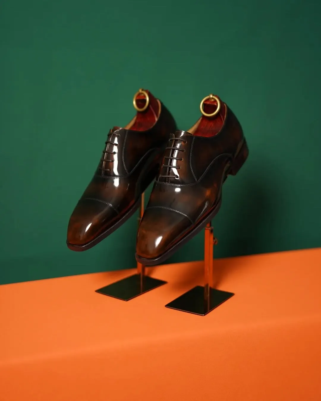 Rich Brown Patina Faux Leather Balmoral Toe Cap Oxfords