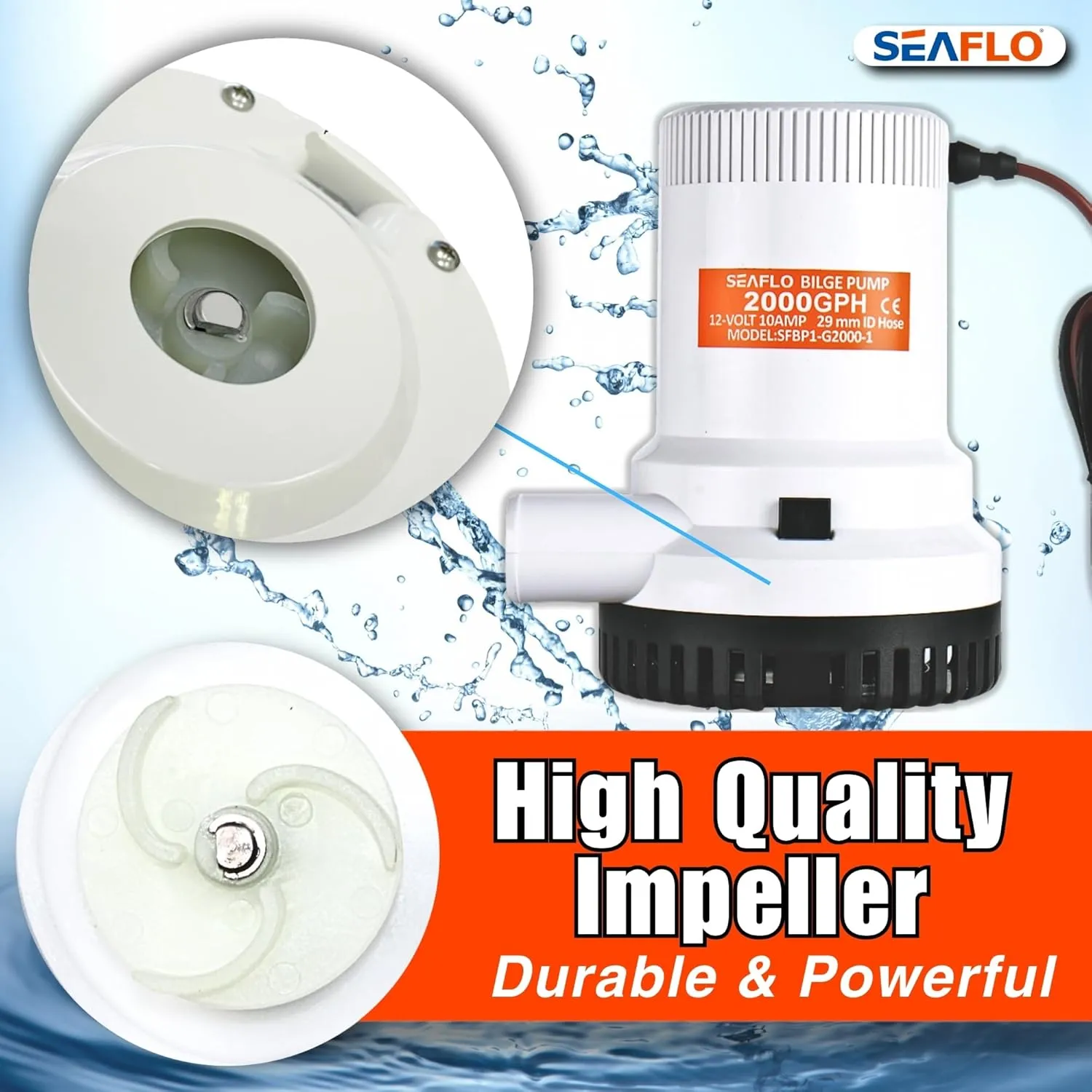 SEAFLO 01 Series 2000 GPH Bilge Pump – 12V, 1-1/8" Outlet, Marine Submersible Pump with Anti-Airlock Protection, CE & Rohs Certified, 4-Year Warranty | Reliable for Boats and Marine Applications