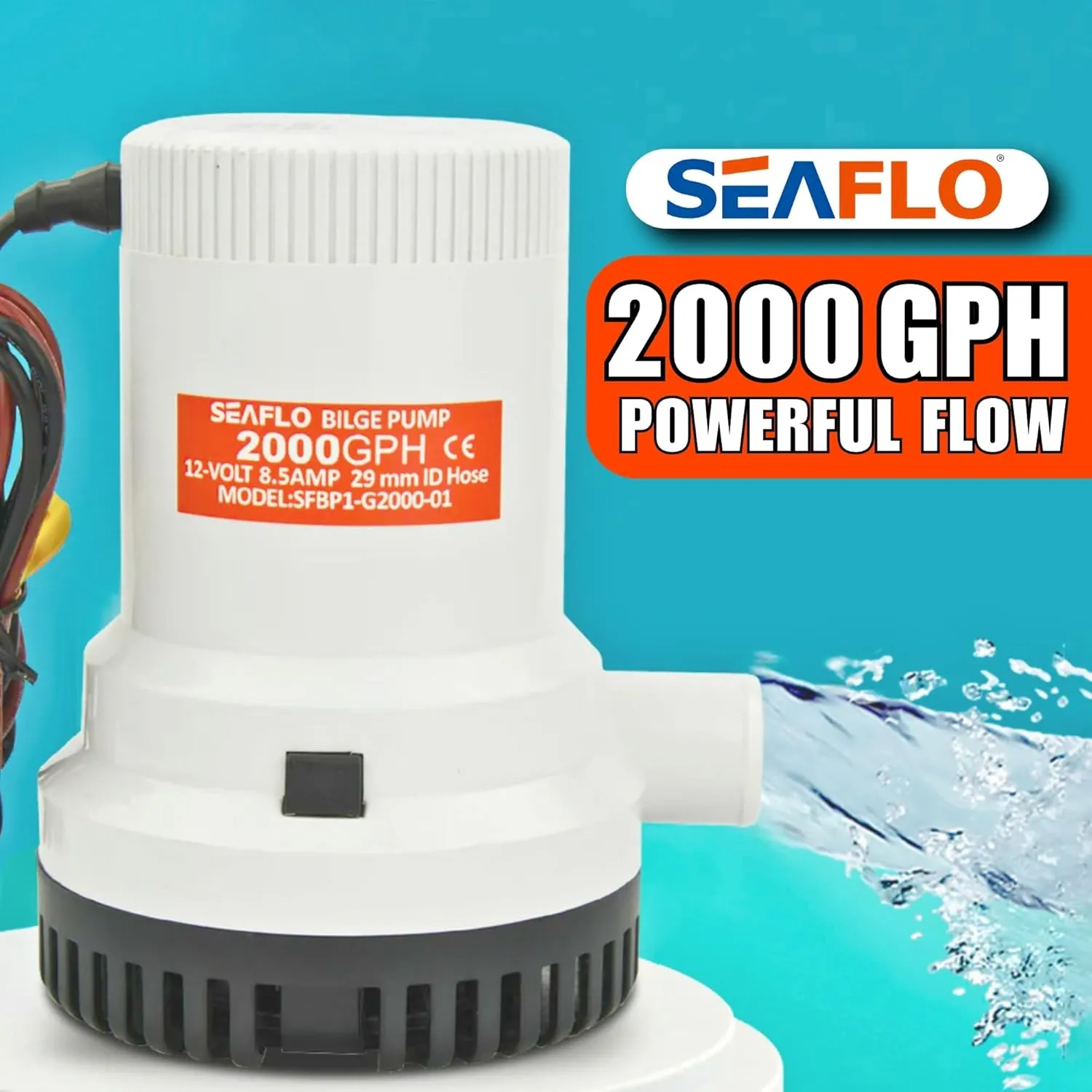 SEAFLO 01 Series 2000 GPH Bilge Pump – 12V, 1-1/8" Outlet, Marine Submersible Pump with Anti-Airlock Protection, CE & Rohs Certified, 4-Year Warranty | Reliable for Boats and Marine Applications