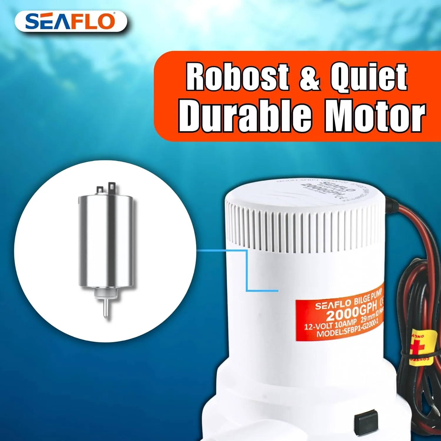SEAFLO 01 Series 2000 GPH Bilge Pump – 12V, 1-1/8" Outlet, Marine Submersible Pump with Anti-Airlock Protection, CE & Rohs Certified, 4-Year Warranty | Reliable for Boats and Marine Applications