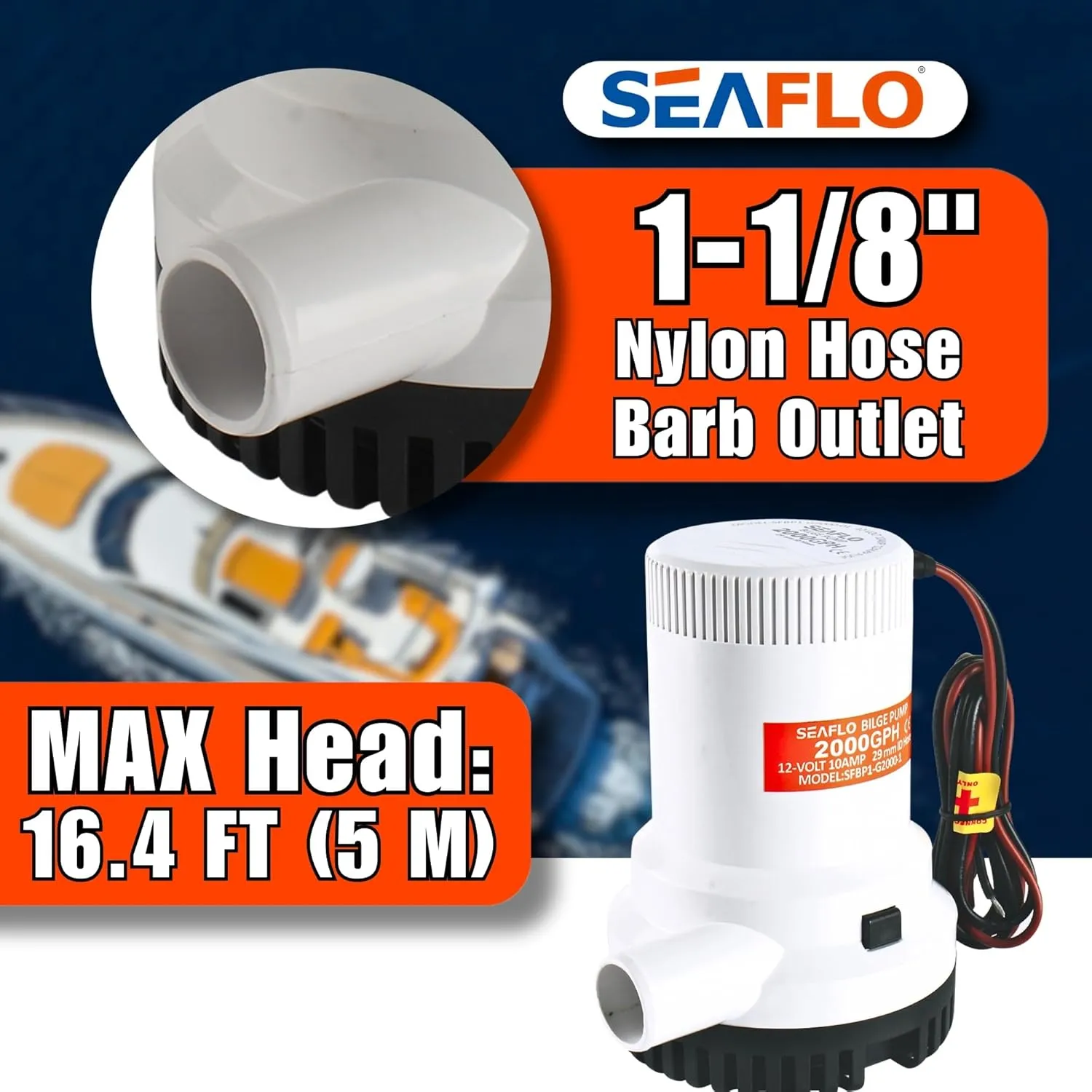 SEAFLO 01 Series 2000 GPH Bilge Pump – 12V, 1-1/8" Outlet, Marine Submersible Pump with Anti-Airlock Protection, CE & Rohs Certified, 4-Year Warranty | Reliable for Boats and Marine Applications