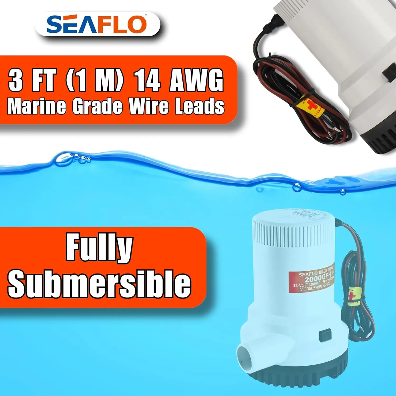 SEAFLO 01 Series 2000 GPH Bilge Pump – 12V, 1-1/8" Outlet, Marine Submersible Pump with Anti-Airlock Protection, CE & Rohs Certified, 4-Year Warranty | Reliable for Boats and Marine Applications