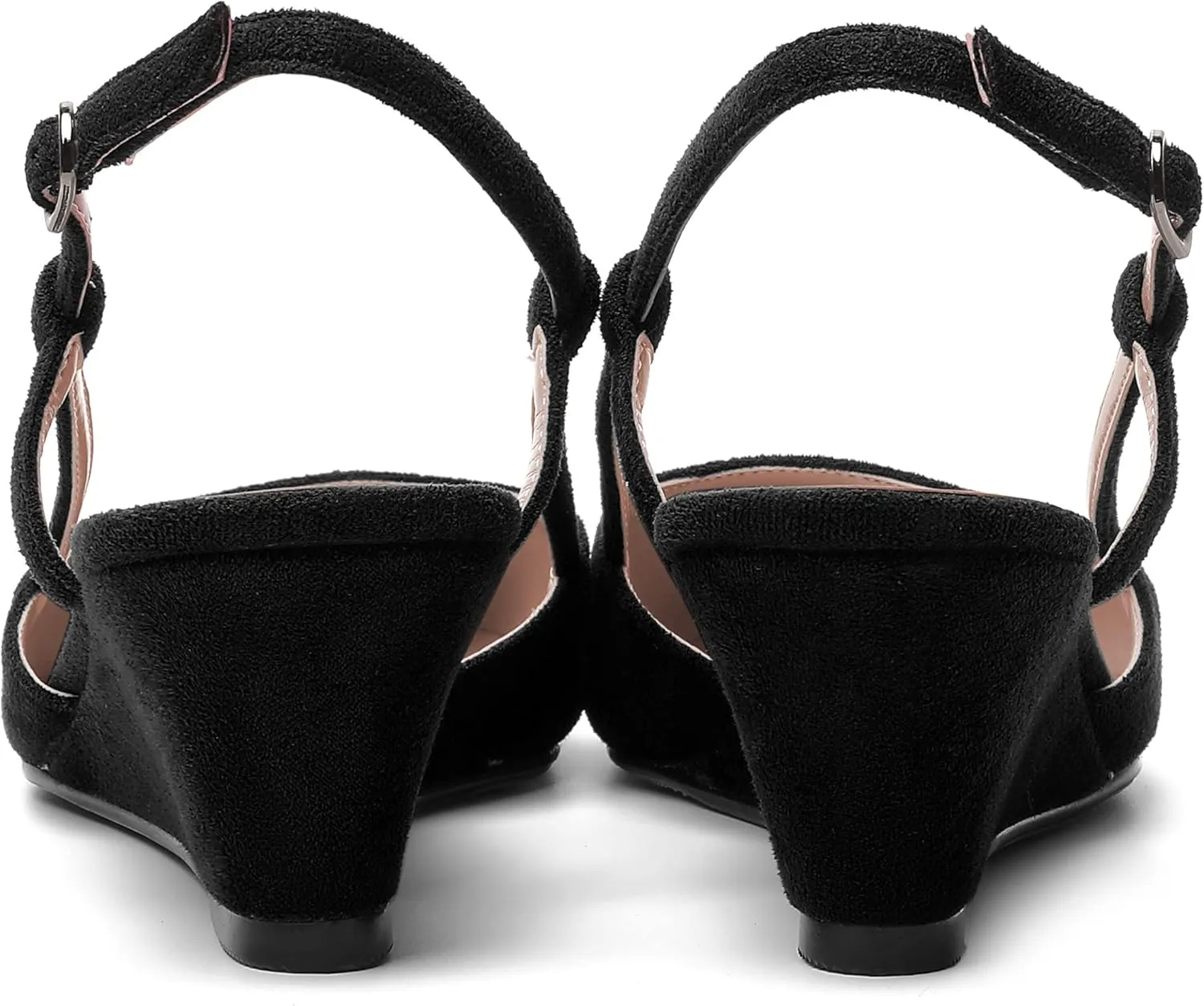 SHOWFOREST Womens Party Casual Buckle Square Toe Suede Adjustable Strap Solid Wedge Low Heel Pumps Shoes 2 Inch