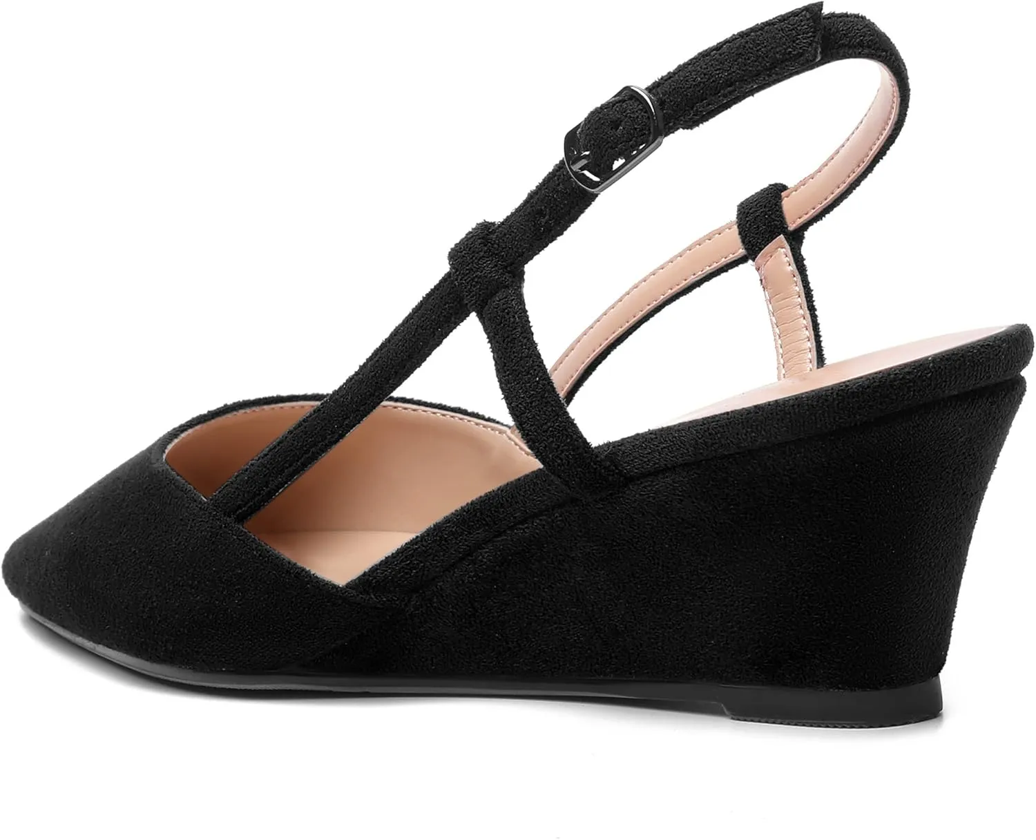 SHOWFOREST Womens Party Casual Buckle Square Toe Suede Adjustable Strap Solid Wedge Low Heel Pumps Shoes 2 Inch
