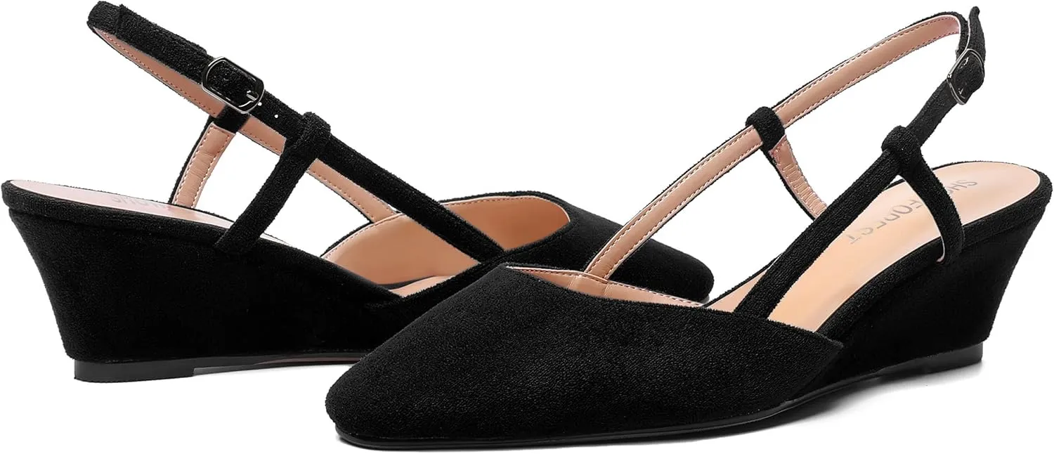 SHOWFOREST Womens Party Casual Buckle Square Toe Suede Adjustable Strap Solid Wedge Low Heel Pumps Shoes 2 Inch
