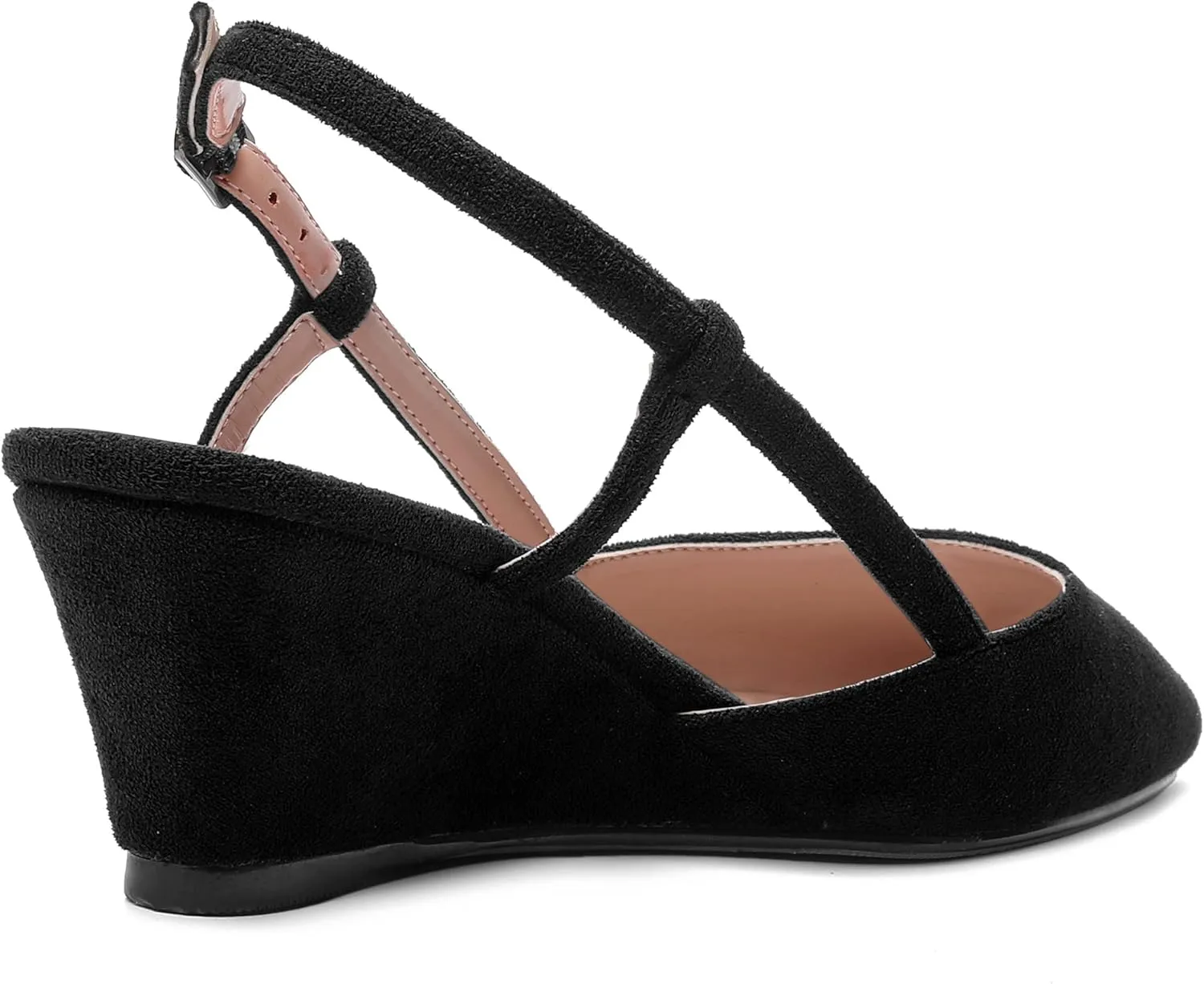 SHOWFOREST Womens Party Casual Buckle Square Toe Suede Adjustable Strap Solid Wedge Low Heel Pumps Shoes 2 Inch