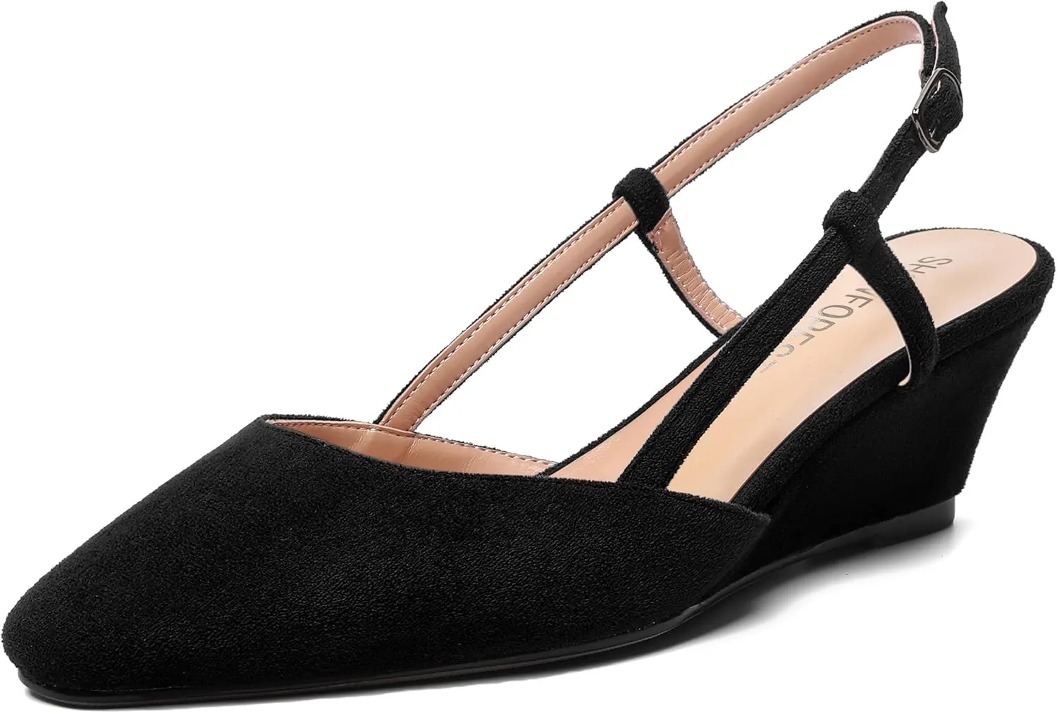 SHOWFOREST Womens Party Casual Buckle Square Toe Suede Adjustable Strap Solid Wedge Low Heel Pumps Shoes 2 Inch