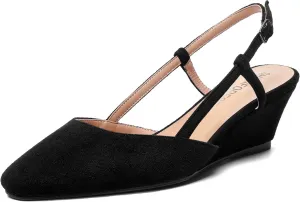 SHOWFOREST Womens Party Casual Buckle Square Toe Suede Adjustable Strap Solid Wedge Low Heel Pumps Shoes 2 Inch