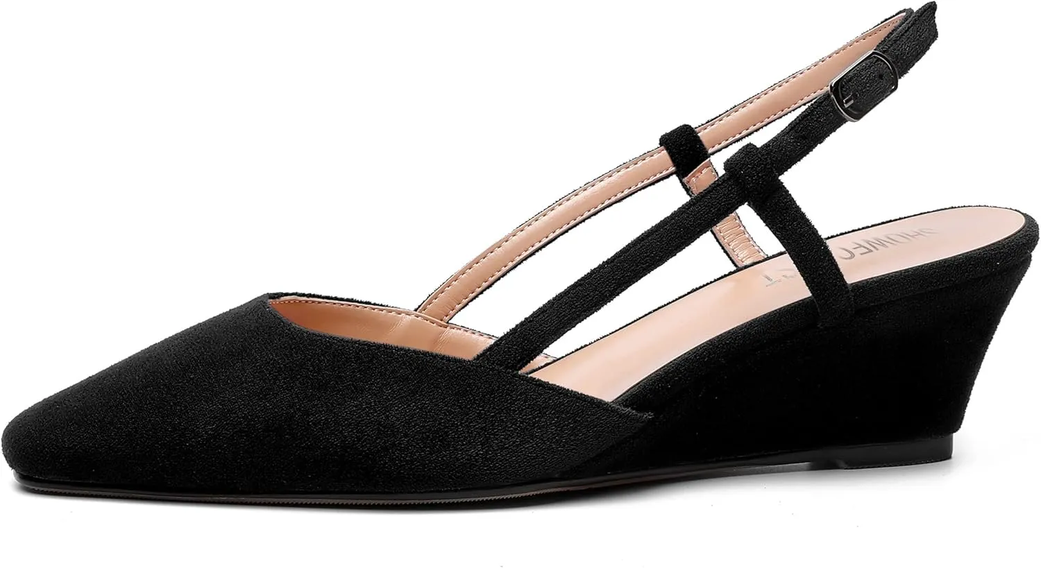 SHOWFOREST Womens Party Casual Buckle Square Toe Suede Adjustable Strap Solid Wedge Low Heel Pumps Shoes 2 Inch