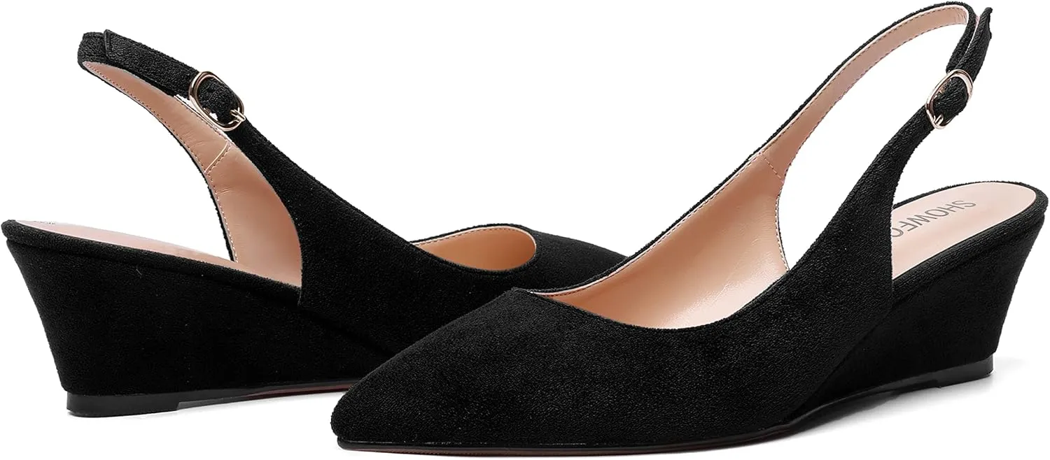 SHOWFOREST Womens Solid Adjustable Strap Suede Dress Buckle Dating Pointed Toe Wedge Low Heel Pumps Shoes 2 Inch