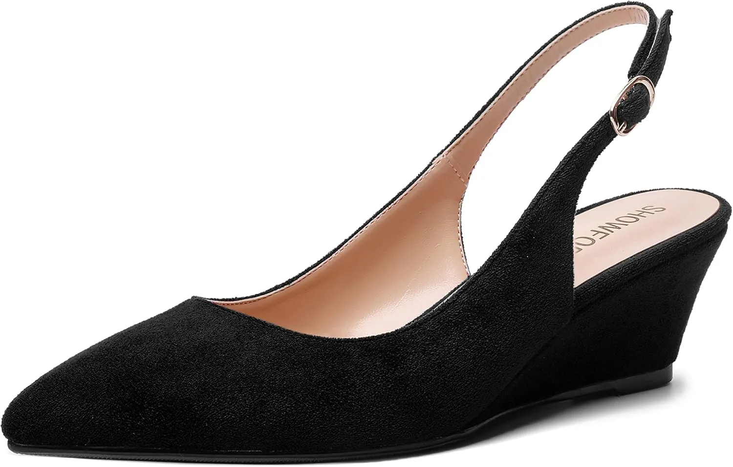 SHOWFOREST Womens Solid Adjustable Strap Suede Dress Buckle Dating Pointed Toe Wedge Low Heel Pumps Shoes 2 Inch