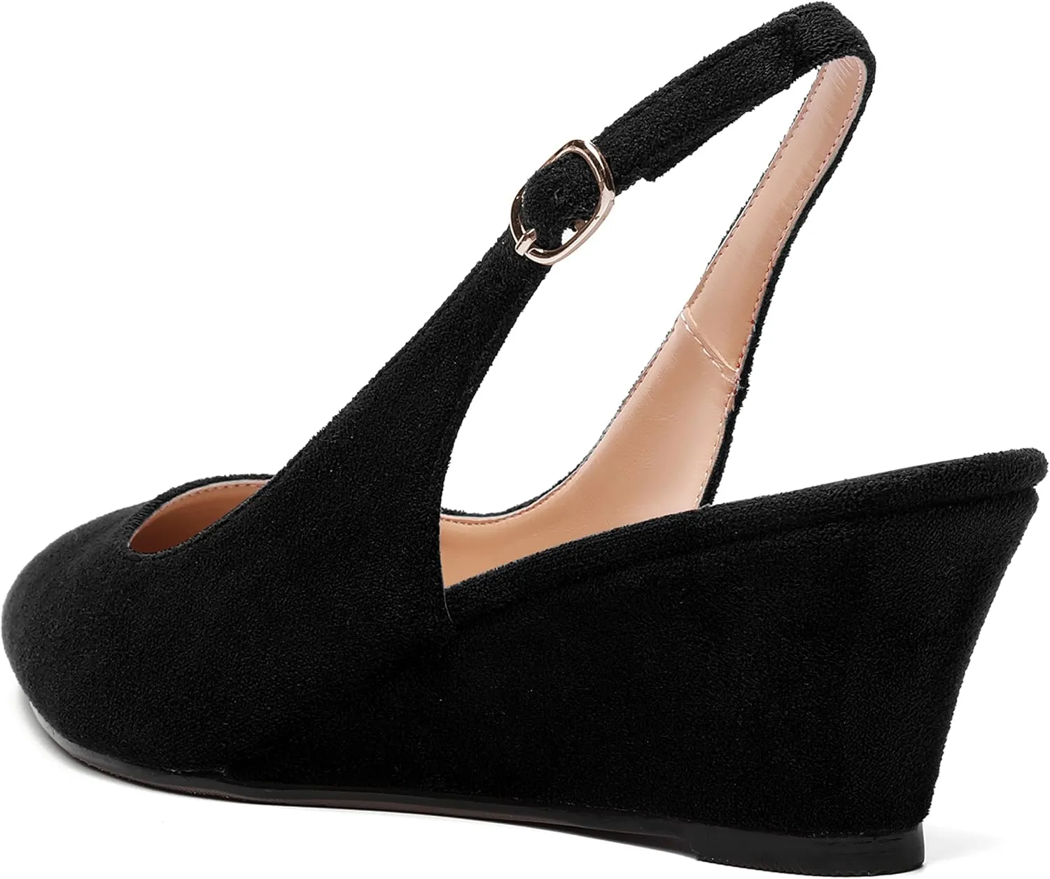 SHOWFOREST Womens Solid Adjustable Strap Suede Dress Buckle Dating Pointed Toe Wedge Low Heel Pumps Shoes 2 Inch