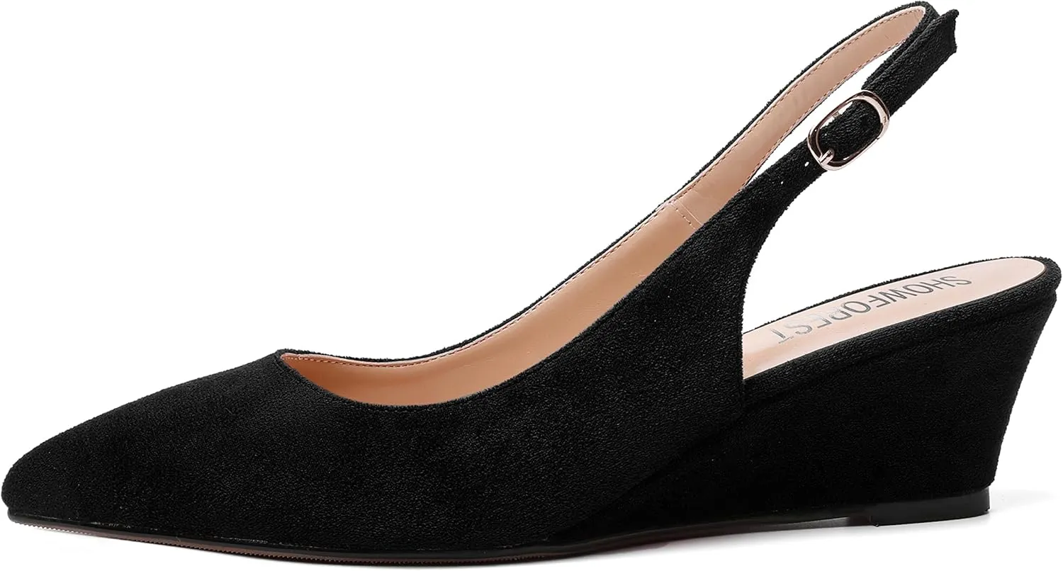 SHOWFOREST Womens Solid Adjustable Strap Suede Dress Buckle Dating Pointed Toe Wedge Low Heel Pumps Shoes 2 Inch
