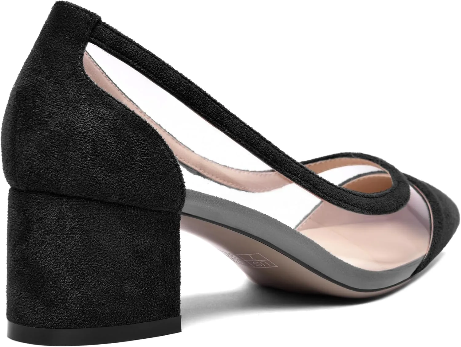 SHOWFOREST Womens Solid Clear Dress Slip On Pointed Toe Suede Dating Chunky Low Heel Pumps Shoes 2 Inch