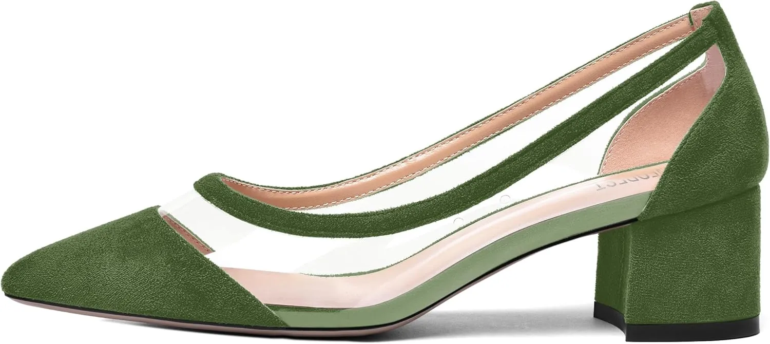 SHOWFOREST Womens Solid Clear Dress Slip On Pointed Toe Suede Dating Chunky Low Heel Pumps Shoes 2 Inch