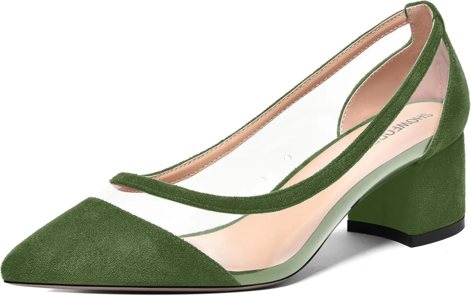 SHOWFOREST Womens Solid Clear Dress Slip On Pointed Toe Suede Dating Chunky Low Heel Pumps Shoes 2 Inch