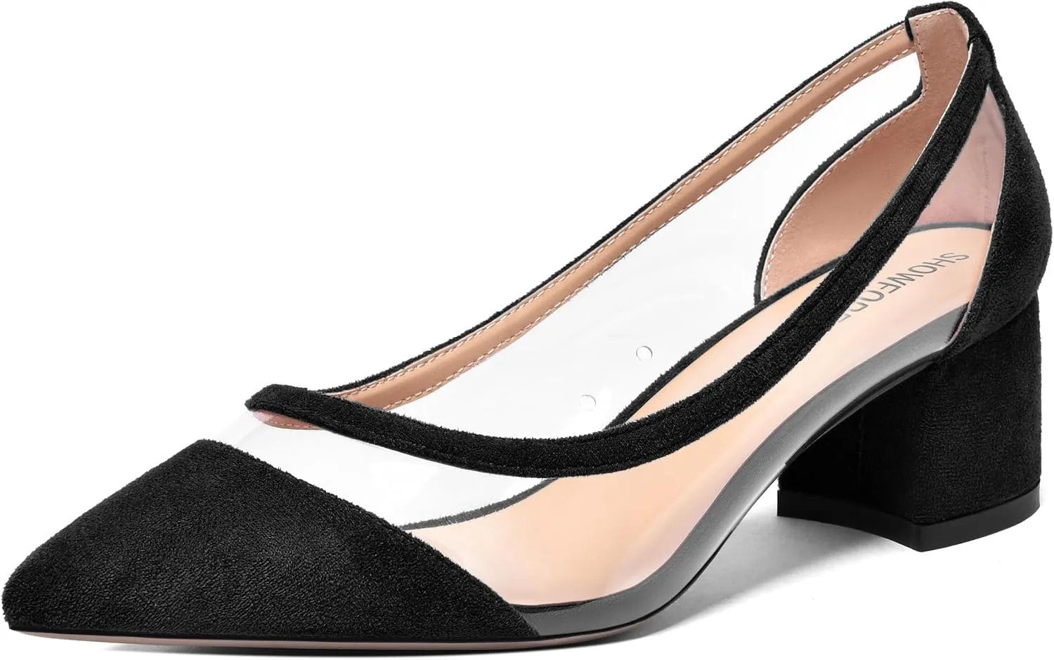 SHOWFOREST Womens Solid Clear Dress Slip On Pointed Toe Suede Dating Chunky Low Heel Pumps Shoes 2 Inch