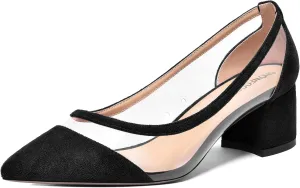 SHOWFOREST Womens Solid Clear Dress Slip On Pointed Toe Suede Dating Chunky Low Heel Pumps Shoes 2 Inch
