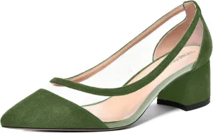 SHOWFOREST Womens Solid Clear Dress Slip On Pointed Toe Suede Dating Chunky Low Heel Pumps Shoes 2 Inch