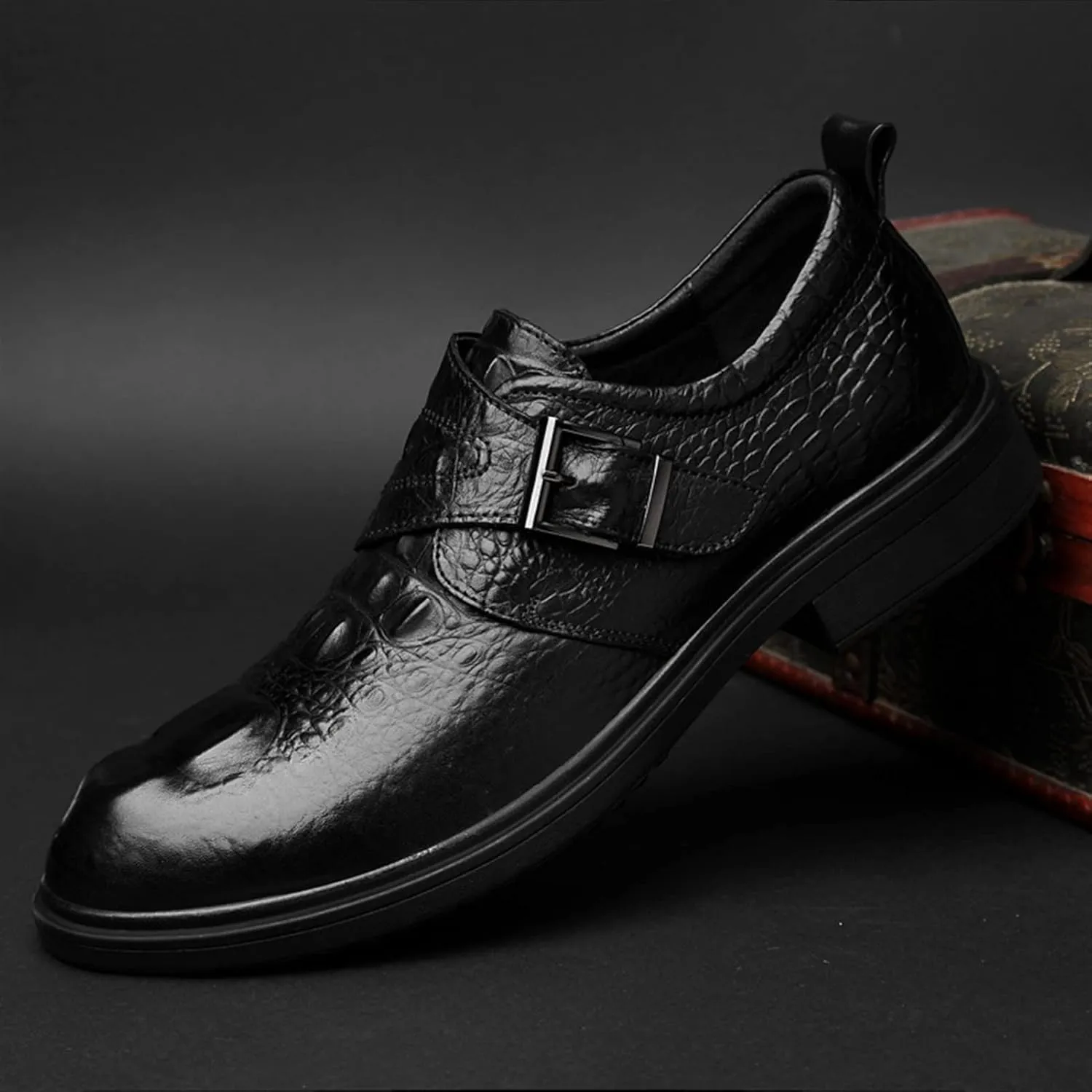 Single Season Men's Dress Shoes Croco Embossed Vegan Leather Low Block Heel Non-Slip Casual Very Popular Among Young People (Color : Black, Size : 8.5)