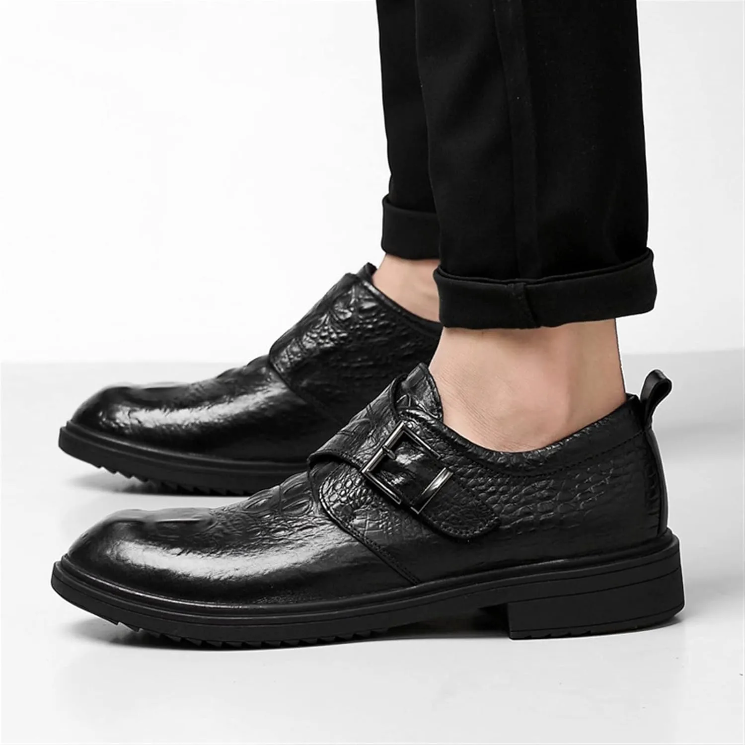 Single Season Men's Dress Shoes Croco Embossed Vegan Leather Low Block Heel Non-Slip Casual Very Popular Among Young People (Color : Black, Size : 8.5)