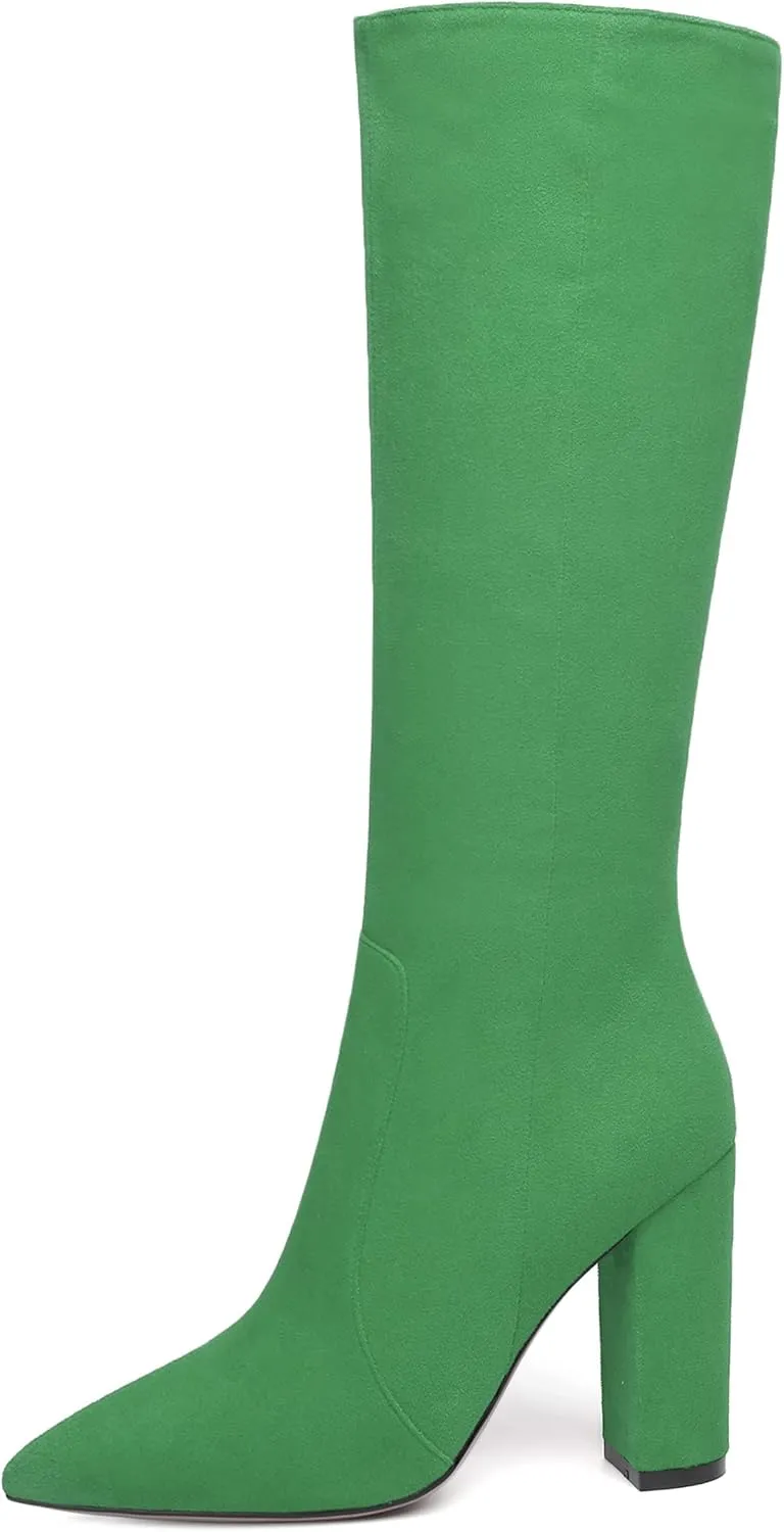 SKYSTERRY Womens Fashion Party Pointed Toe Zip Suede Block High Heel Knee High Boots 4 Inch