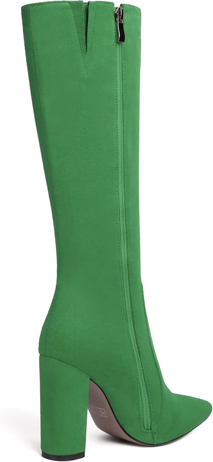 SKYSTERRY Womens Fashion Party Pointed Toe Zip Suede Block High Heel Knee High Boots 4 Inch