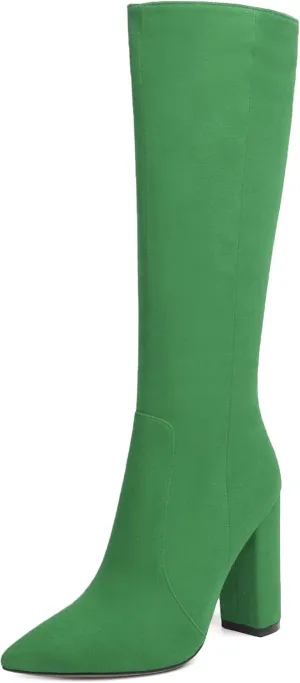 SKYSTERRY Womens Fashion Party Pointed Toe Zip Suede Block High Heel Knee High Boots 4 Inch