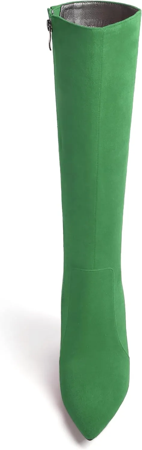 SKYSTERRY Womens Fashion Party Pointed Toe Zip Suede Block High Heel Knee High Boots 4 Inch