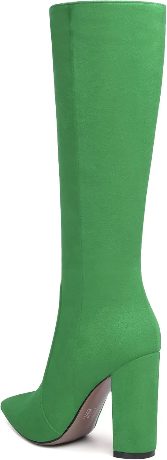 SKYSTERRY Womens Fashion Party Pointed Toe Zip Suede Block High Heel Knee High Boots 4 Inch