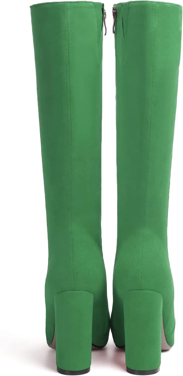 SKYSTERRY Womens Fashion Party Pointed Toe Zip Suede Block High Heel Knee High Boots 4 Inch