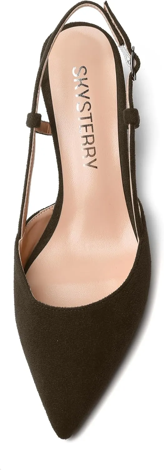 SKYSTERRY Womens Suede Evening Casual Pointed Toe Buckle Slingback Spool Mid Heel Pumps Shoes 2.5 Inch