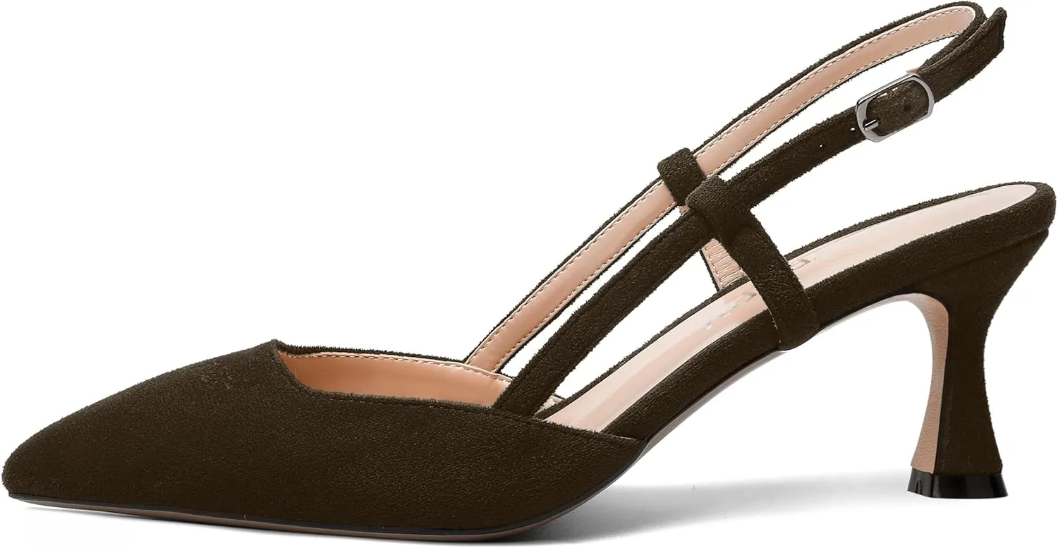 SKYSTERRY Womens Suede Evening Casual Pointed Toe Buckle Slingback Spool Mid Heel Pumps Shoes 2.5 Inch