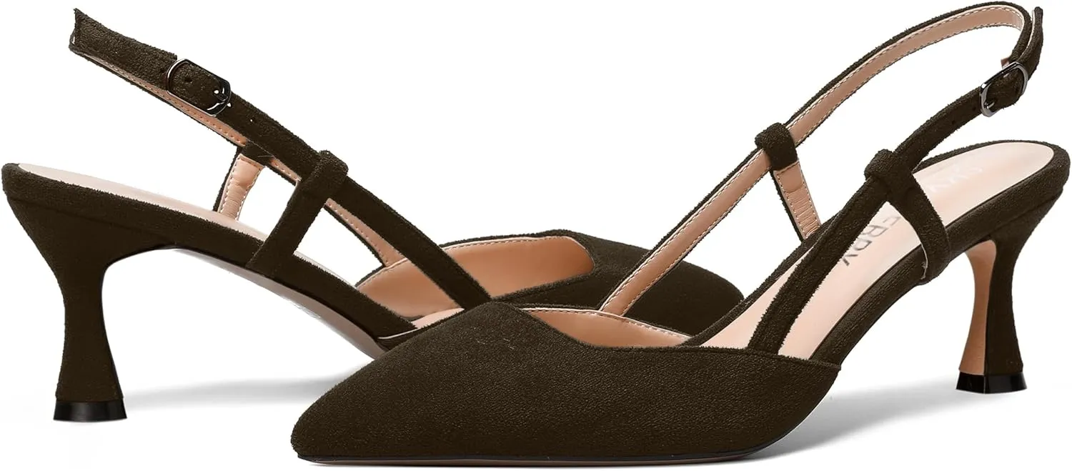 SKYSTERRY Womens Suede Evening Casual Pointed Toe Buckle Slingback Spool Mid Heel Pumps Shoes 2.5 Inch