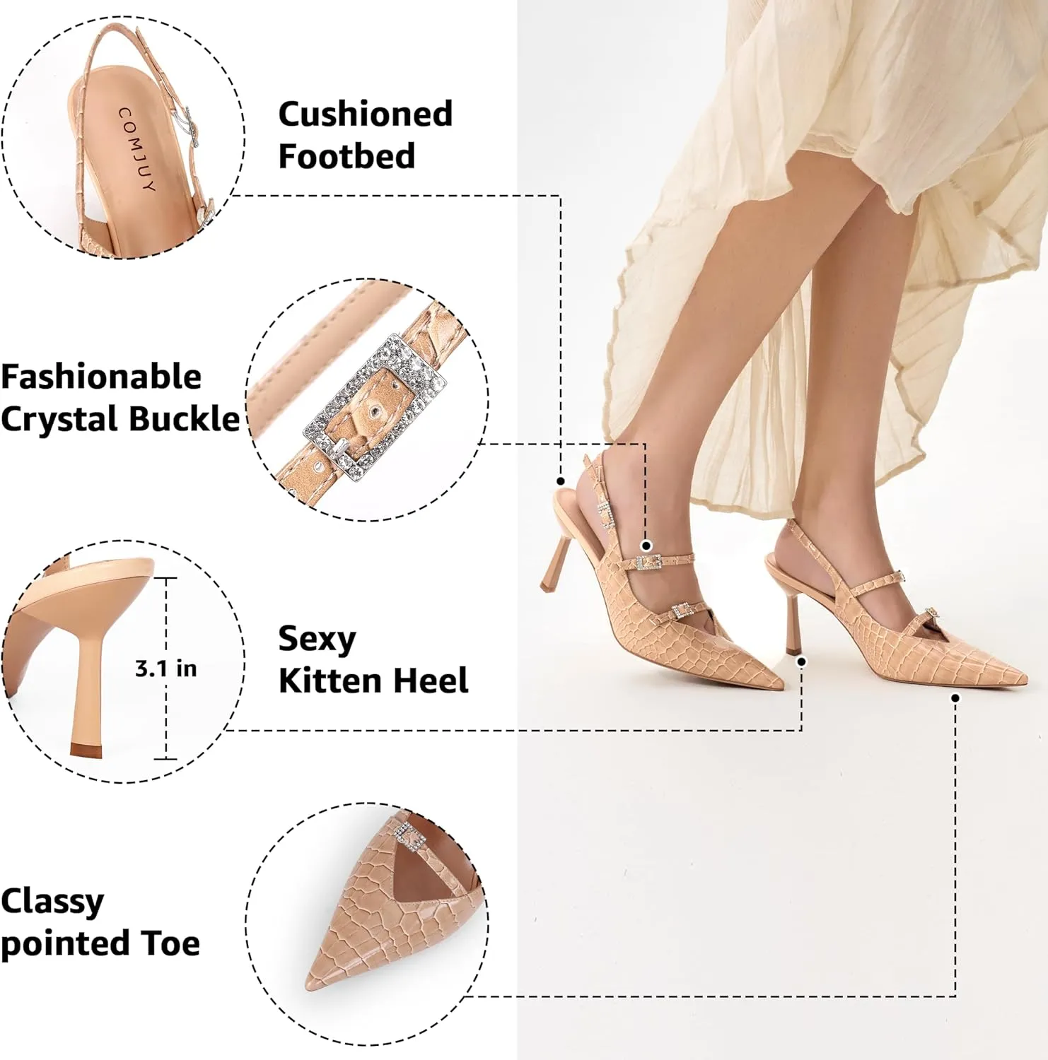 Slingback Heels for Women with Crystal Straps Pointed Toe Dress Sandals with Kitten Heel for Wedding Office Party or Formal Events