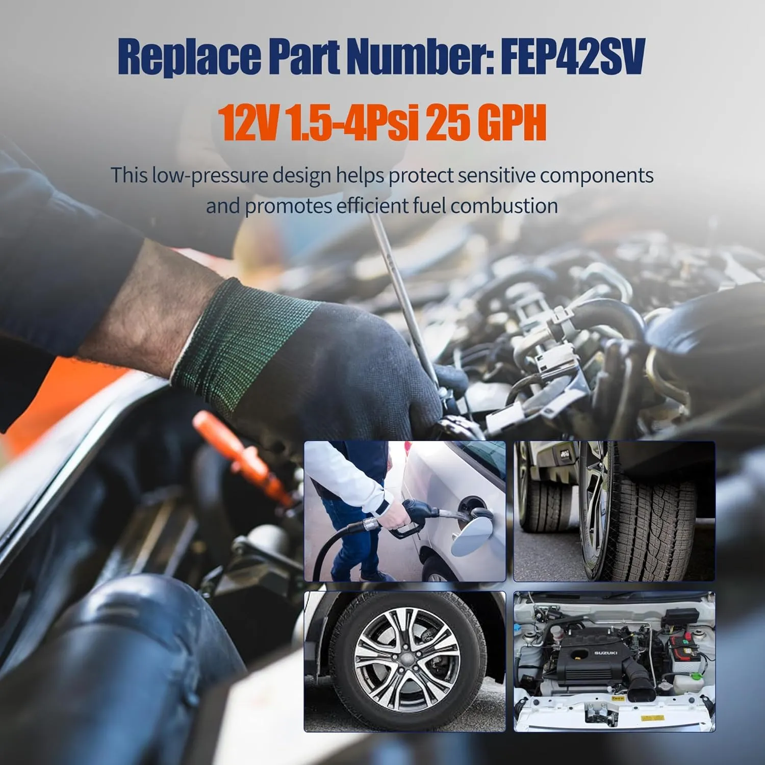 Solid State Fuel Pump Kit Replacement for Facet FEP42SV 12V 1.5-4Psi 25 GPH 12" Min Dry Lift Cube Car Electric Fuel Pump Low Pressure with Clamps/Fittings/Filter