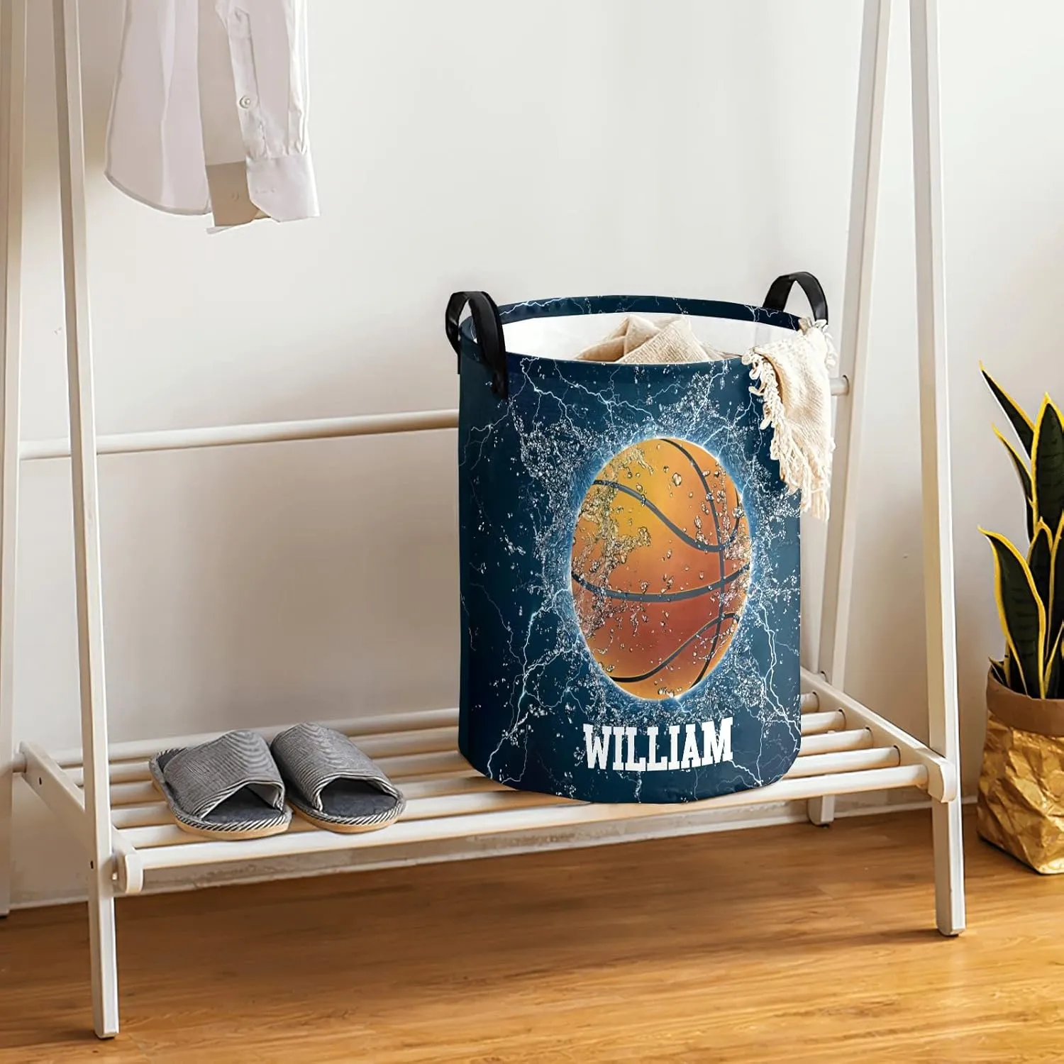 Sport Basketball Water Personalized Waterproof Foldable Laundry Basket Bag with Handle, Custom Collapsible Clothes Hamper Storage Bin for Toys Laundry Dorm Travel Bathroom